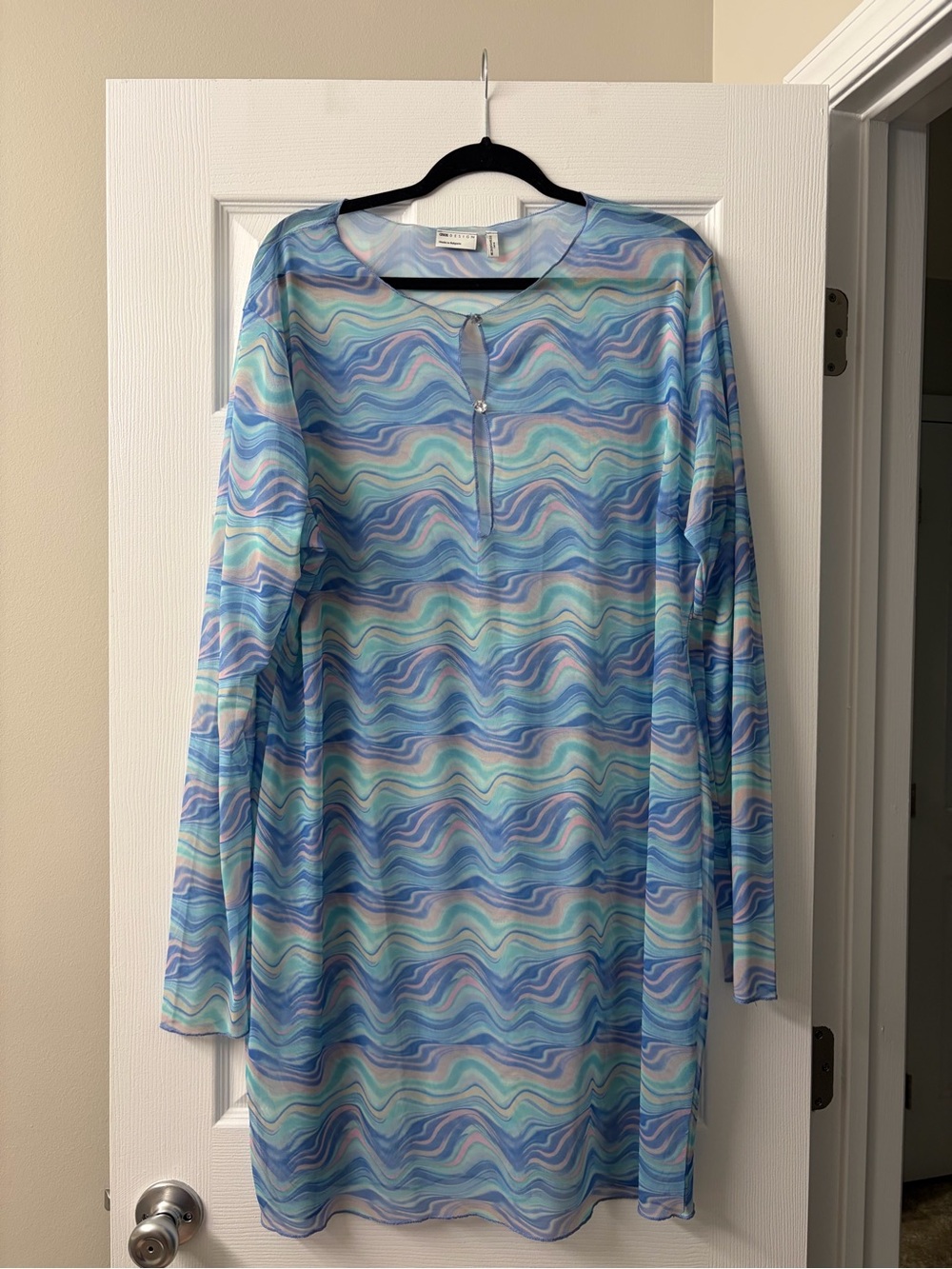 ASOS Curve Blue Wave-Print Long Sleeve Swim Coverup